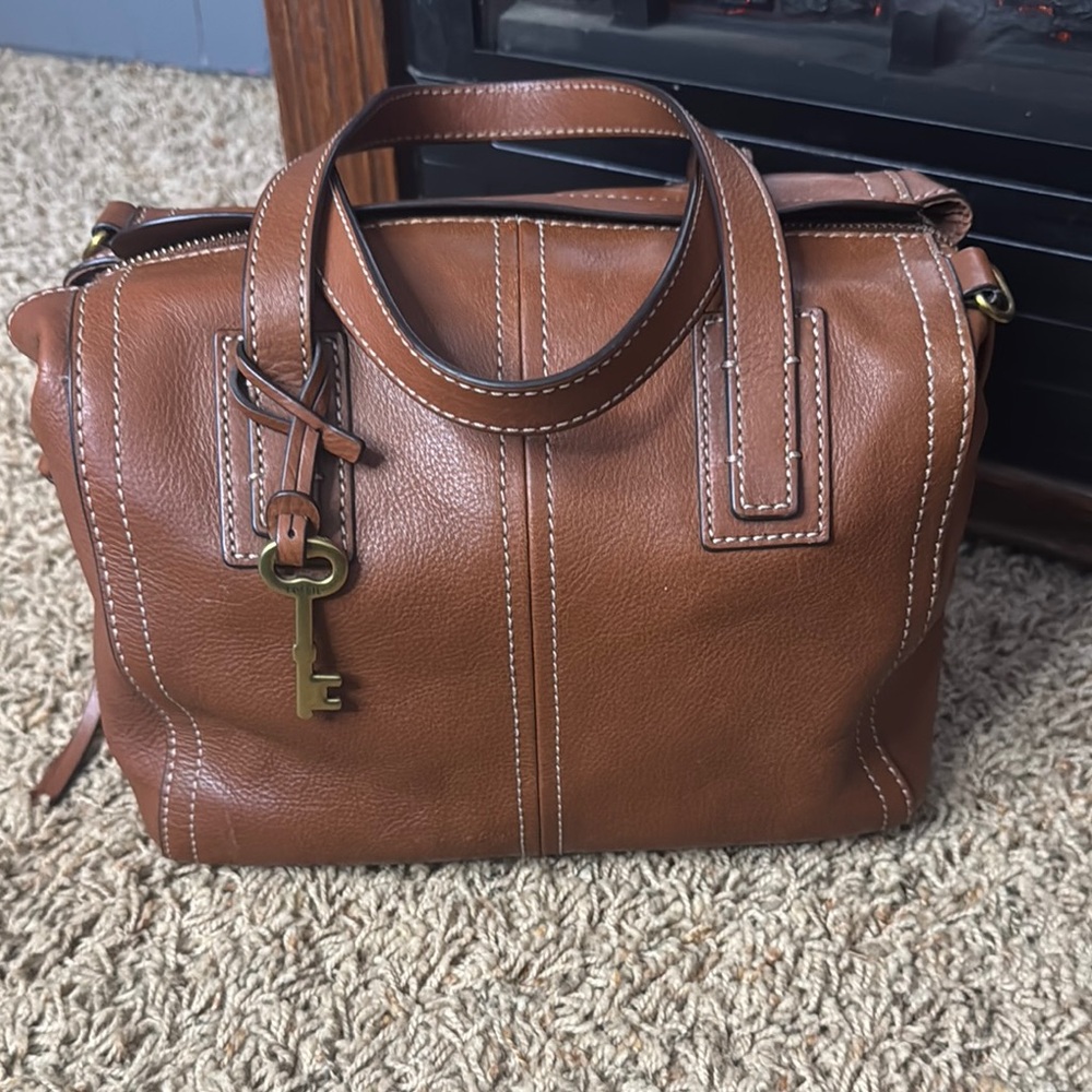 Brown Fossil Leather Handbag with Key Charm